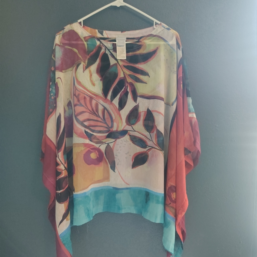 Chico's Vibrant Colorful Feminine Artisy Print Tunic Shawl Layering Addition